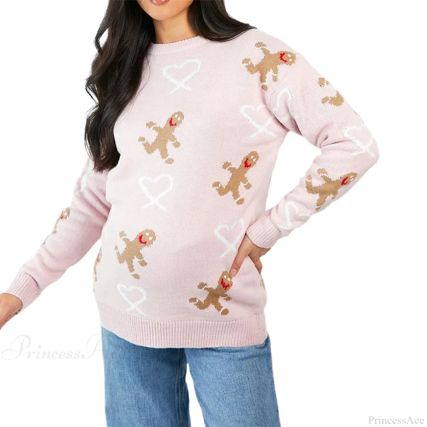 Christmas Gingerbread Print Long Sleeve Round Neck Casual Loose Sweater Pink / S Sweaters-L