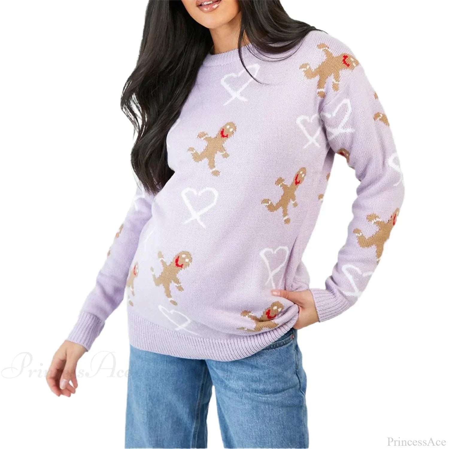 Christmas Gingerbread Print Long Sleeve Round Neck Casual Loose Sweater Purple / S Sweaters-L