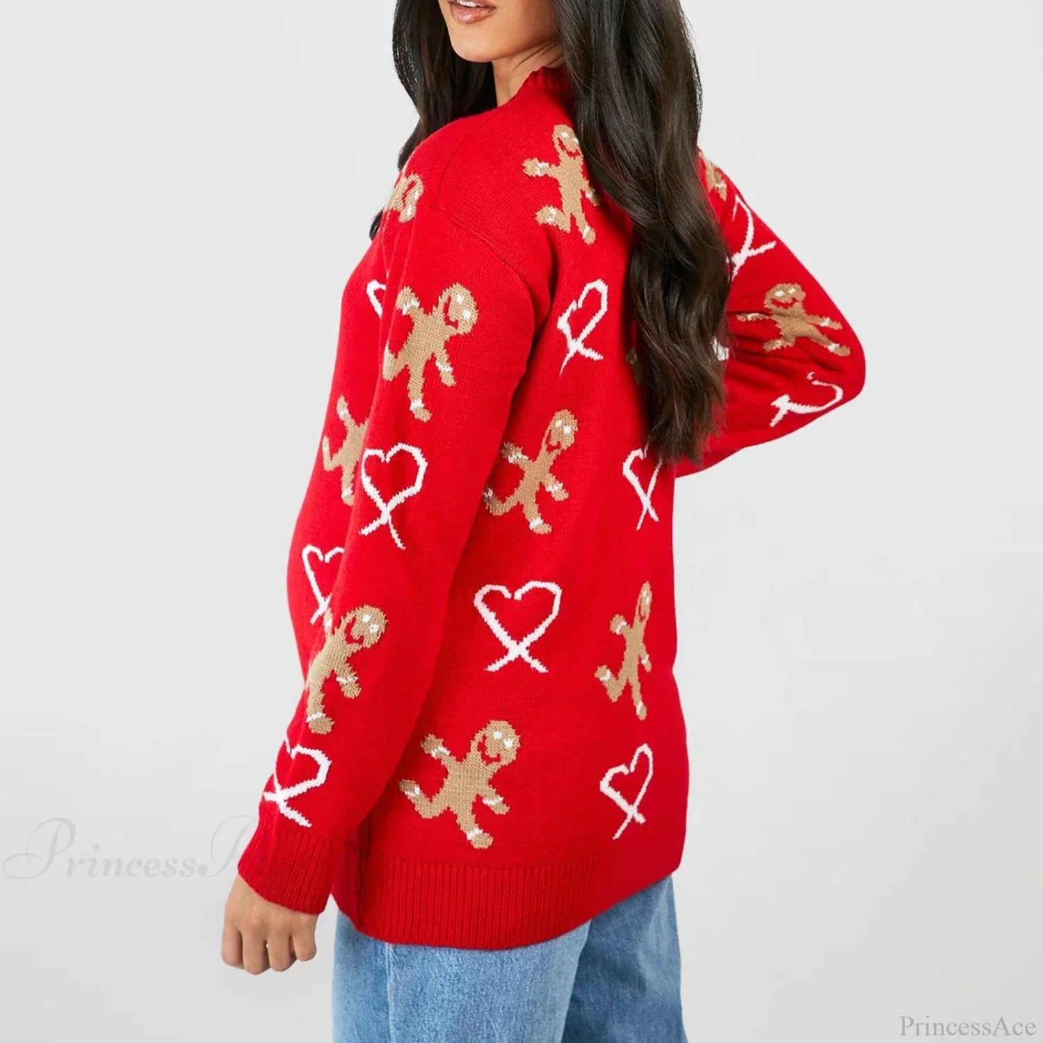 Christmas Gingerbread Print Long Sleeve Round Neck Casual Loose Sweater Sweaters-L
