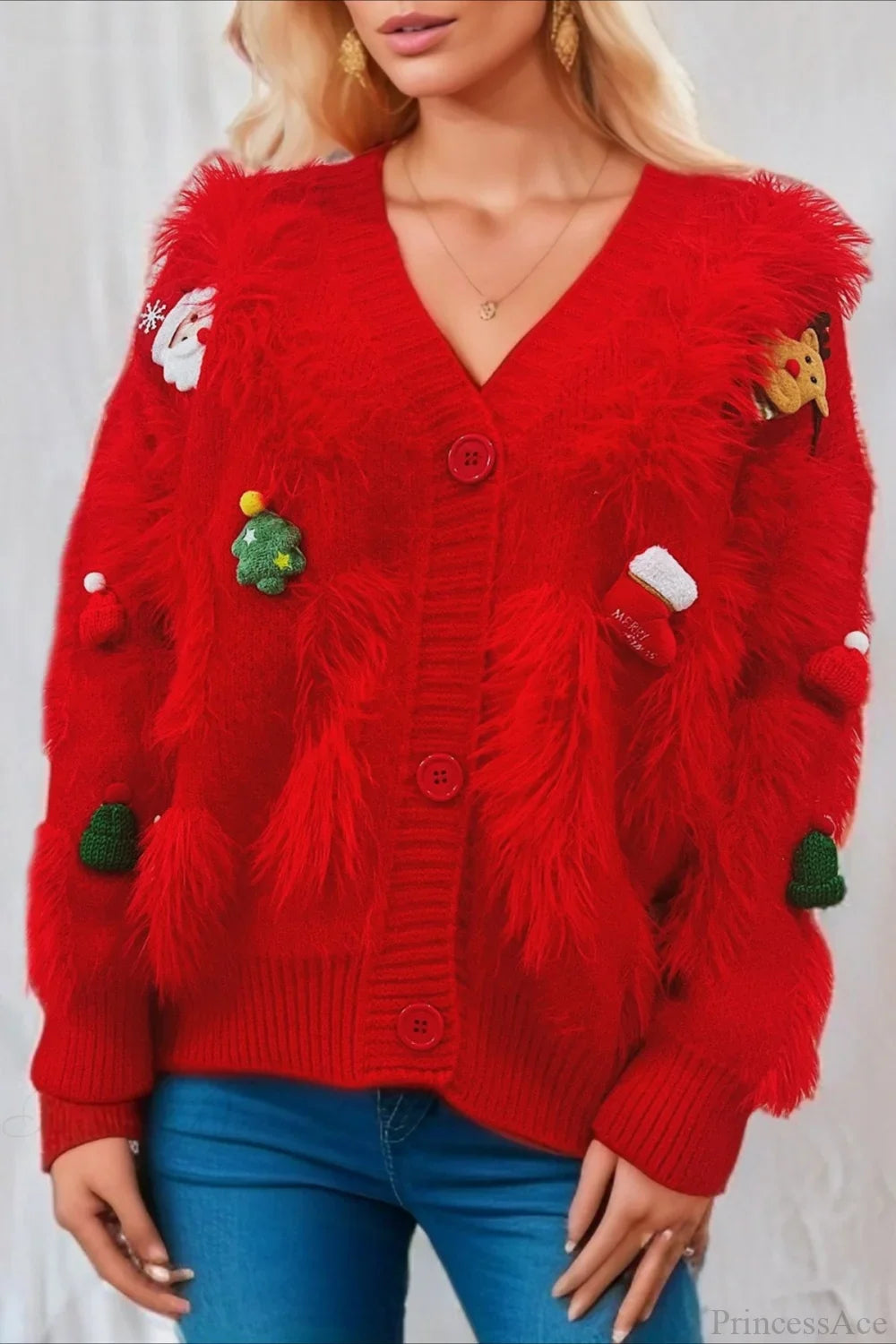 Christmas Mink Fleece 3D Trim Single-Breasted Cardigan Sweater Red / S