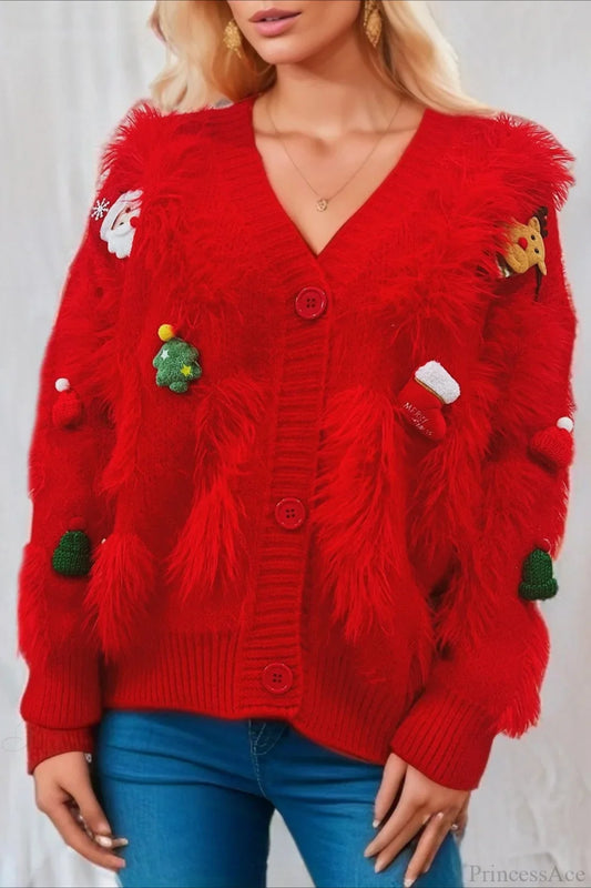 Christmas Mink Fleece 3D Trim Single-Breasted Cardigan Sweater Red / S