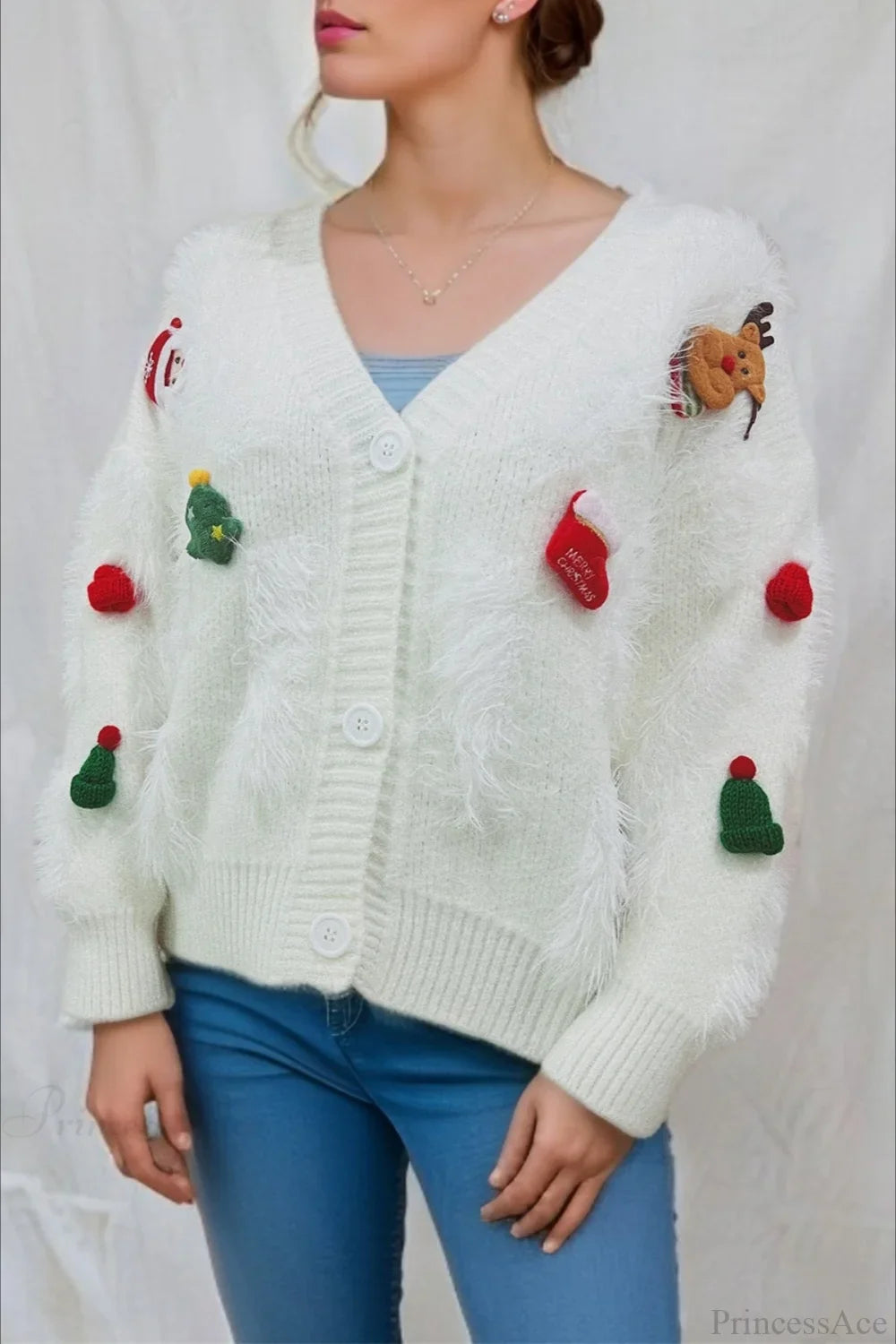 Christmas Mink Fleece 3D Trim Single-Breasted Cardigan Sweater White / S