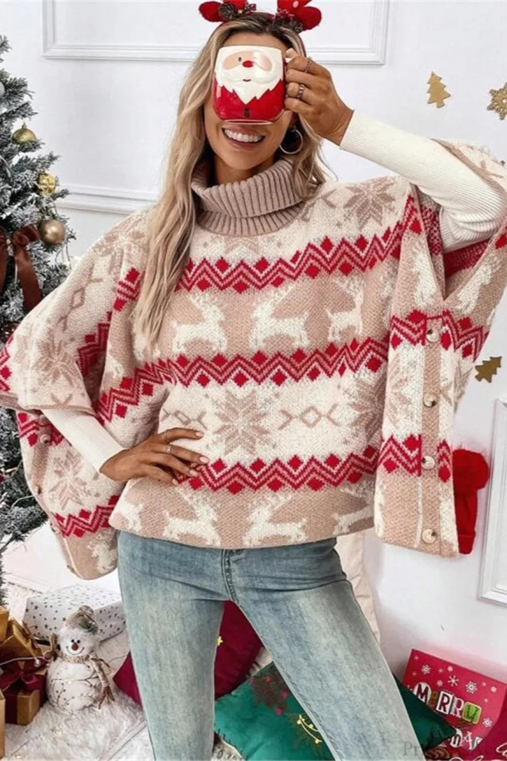 Christmas Moose High Neck Contrast Batwing Sleeve Sweater