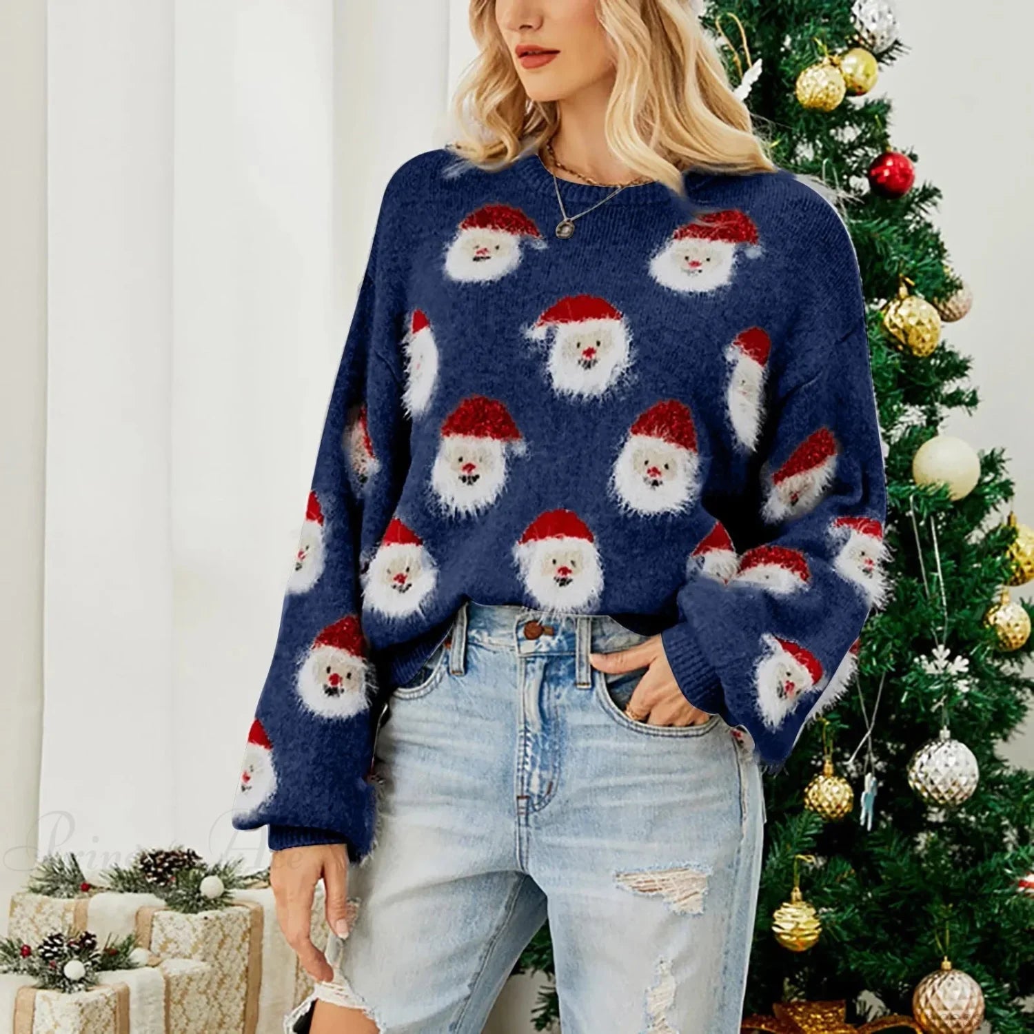 Christmas Santa Claus Print Knitted Sweater Sweaters-L