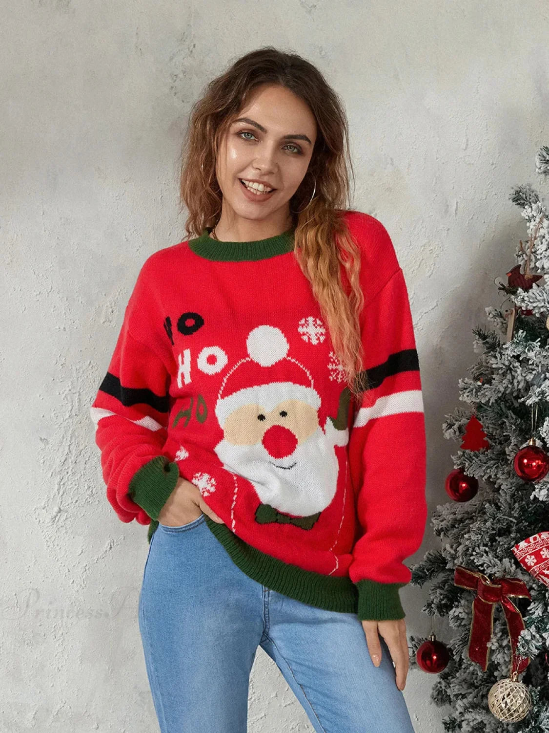 Christmas Santa Jacquard Patchwork Long Sleeve Crew Neck Loose Sweater Sweaters-L