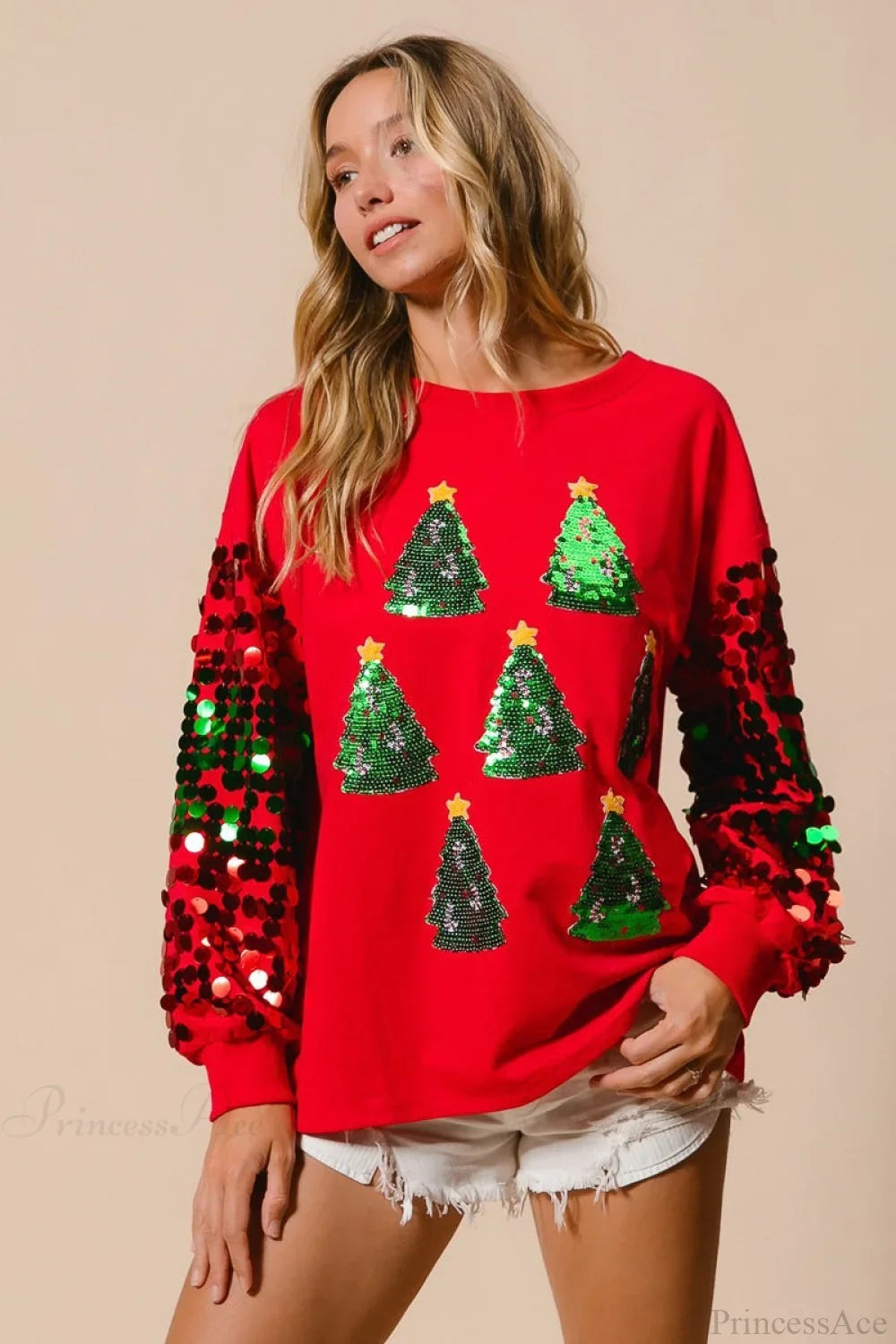 Christmas Sequined Long Sleeve Loose Sweater Red / S