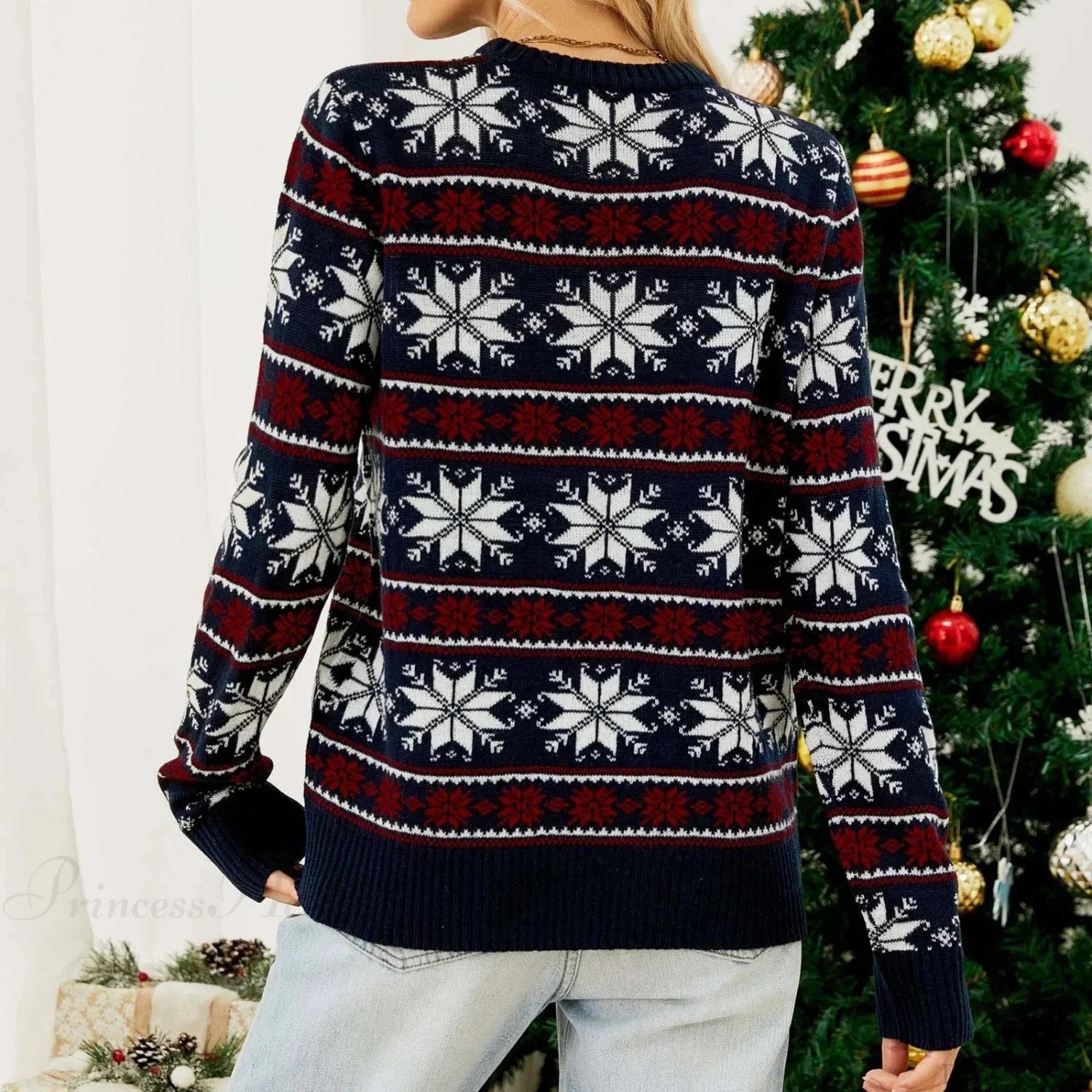 Christmas Snowflake Acrylic Knitted Loose Tops Sweater Sweaters-L