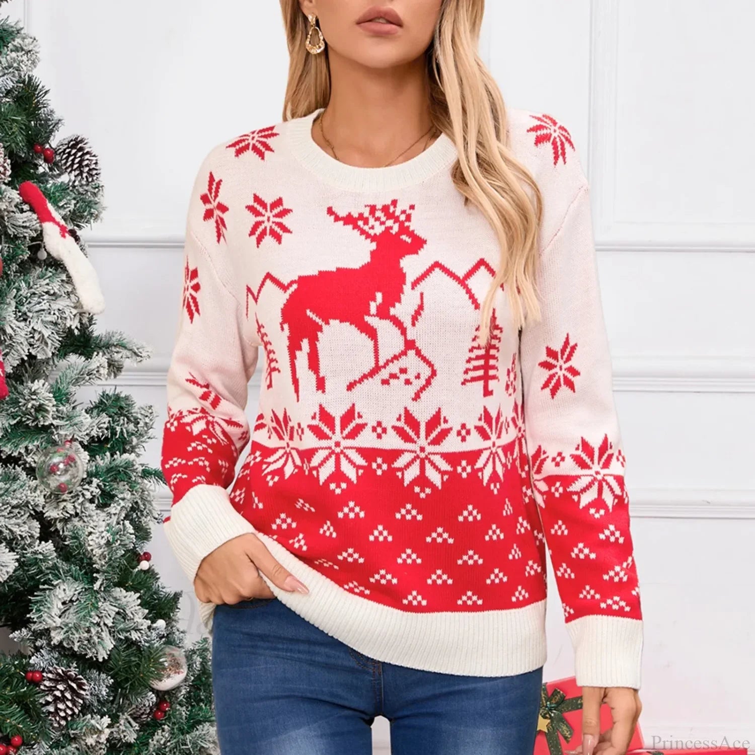Christmas Snowflake Printed Long Sleeve O Neck Ladies Jumper Sweater Sweaters-L