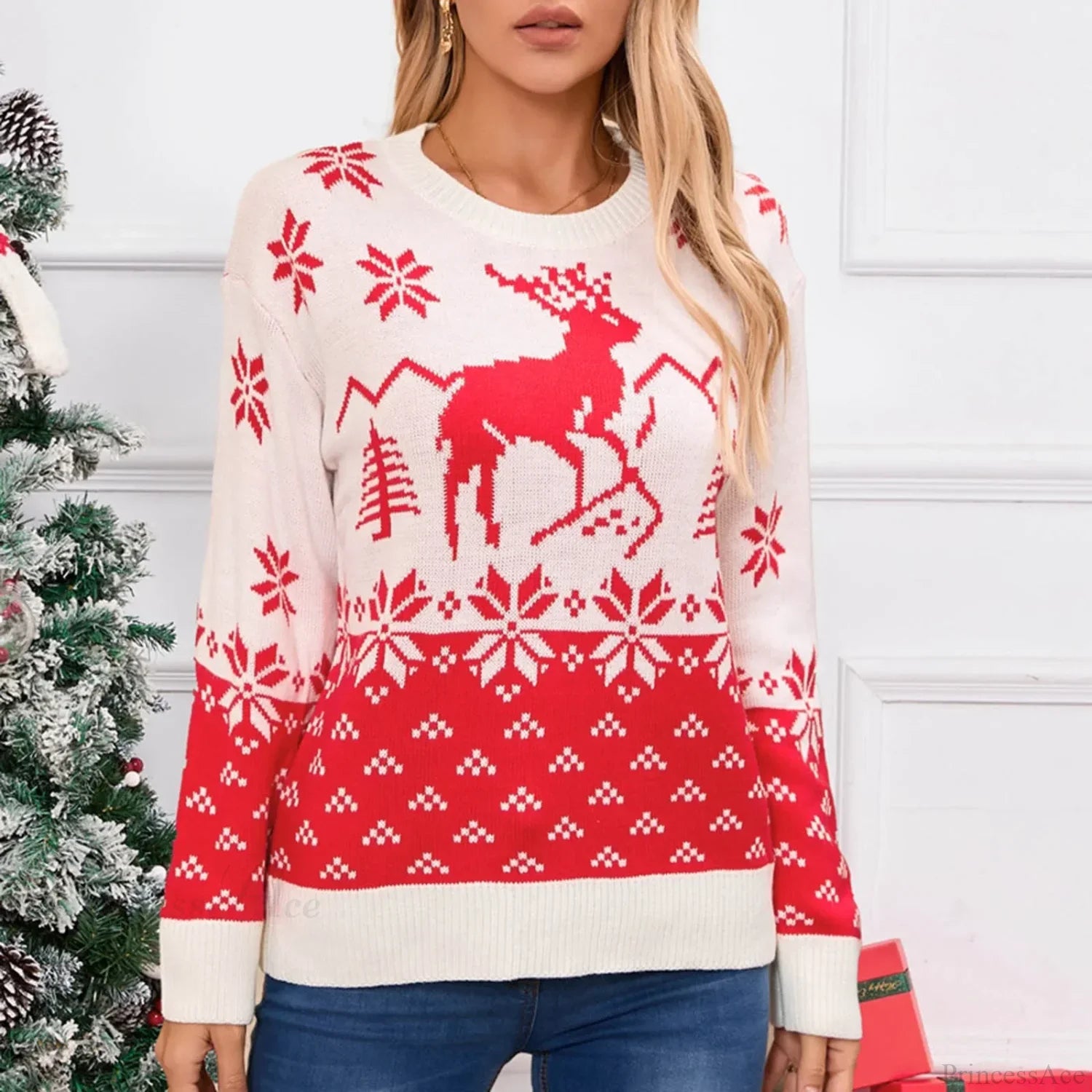 Christmas Snowflake Printed Long Sleeve O Neck Ladies Jumper Sweater White / S Sweaters-L