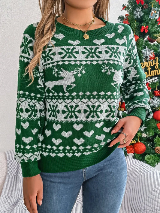Christmas Snowflake Reindeer Pattern Holiday Festive Jumper Sweater Green / S Sweaters-L