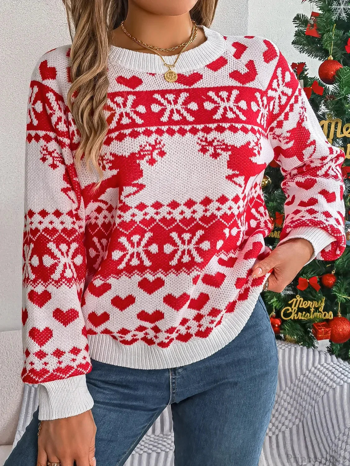 Christmas Snowflake Reindeer Pattern Holiday Festive Jumper Sweater White / S Sweaters-L
