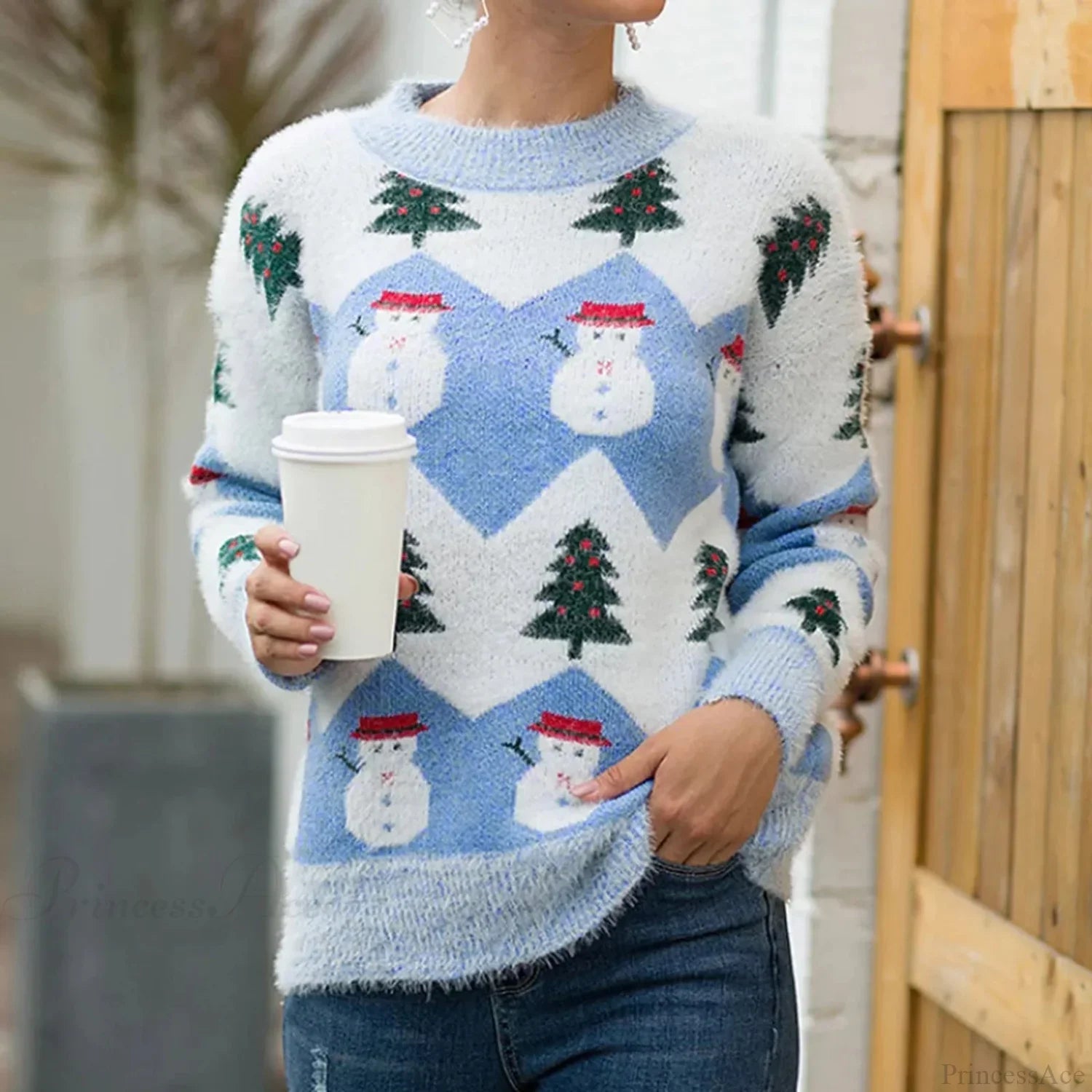 Christmas Snowman Cartoon Knit Long Sleeve Female Tree Sweater Blue / S Sweaters-L
