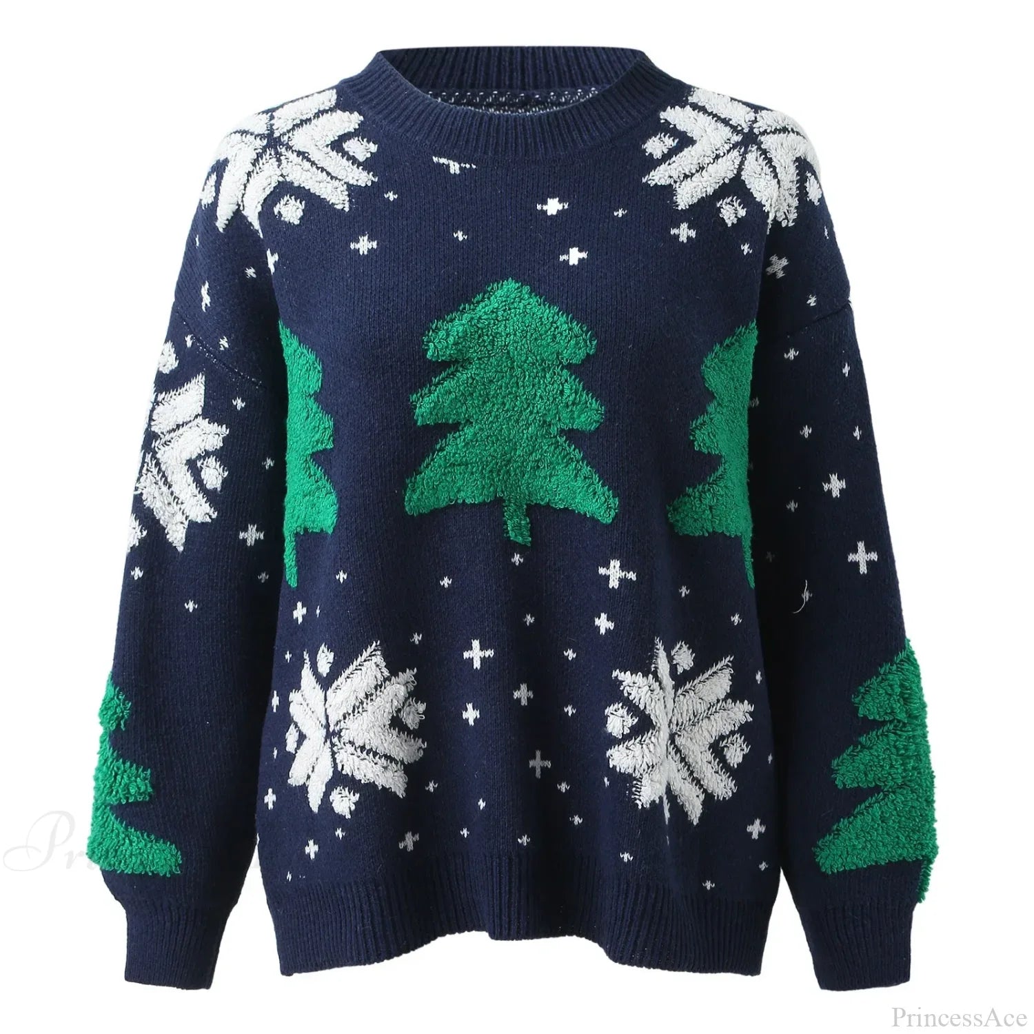 Christmas Tree Print Round Neck Long Sleeve Warm Knitwear Casual Sweater Sweaters-L