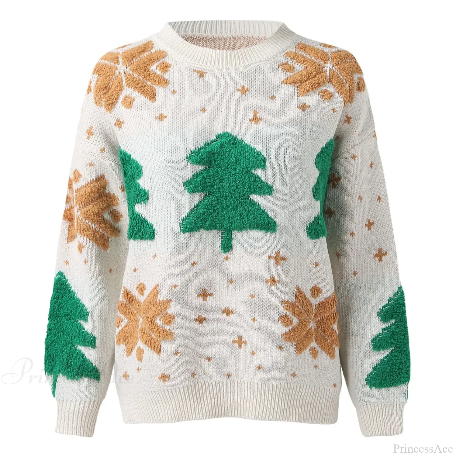 Christmas Tree Print Round Neck Long Sleeve Warm Knitwear Casual Sweater Sweaters-L