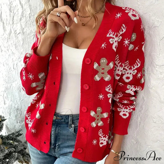 Christmas V-neck Elk Print Cardigan