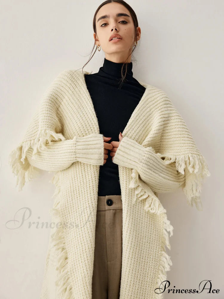 Chunky Knit Tassel Trendy Hem Poncho Cardigan Off-White / S Sweaters-L