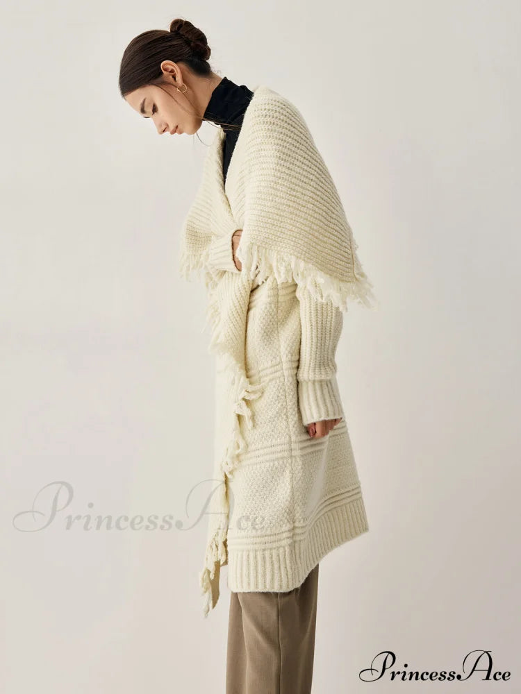 Chunky Knit Tassel Trendy Hem Poncho Cardigan Sweaters-L