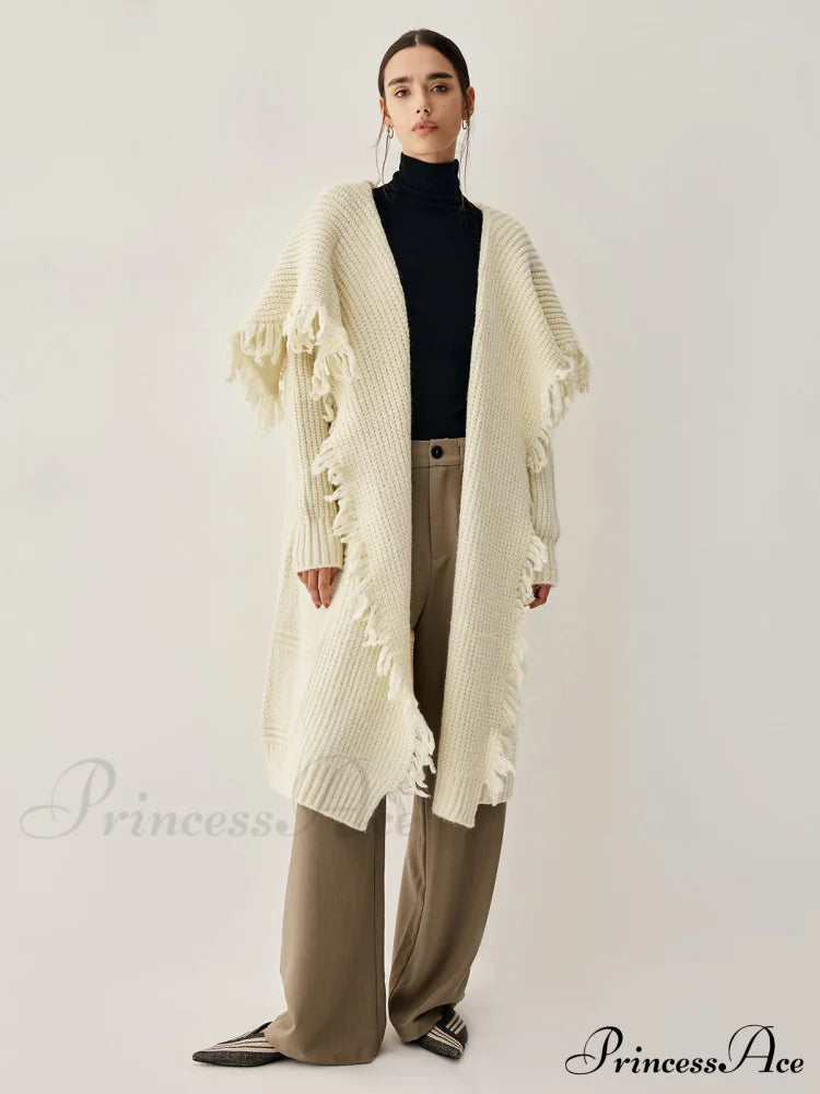 Chunky Knit Tassel Trendy Hem Poncho Cardigan Sweaters-L