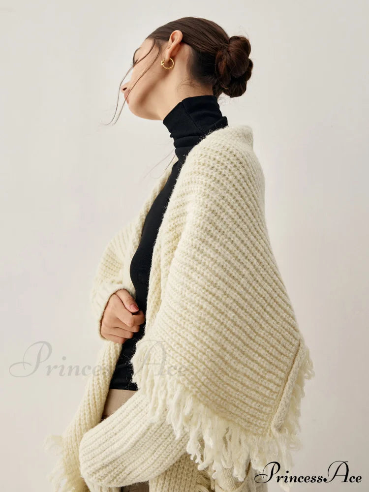 Chunky Knit Tassel Trendy Hem Poncho Cardigan Sweaters-L