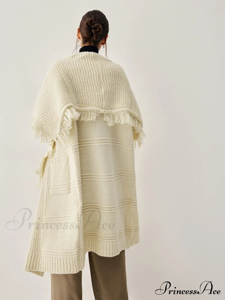 Chunky Knit Tassel Trendy Hem Poncho Cardigan Sweaters-L