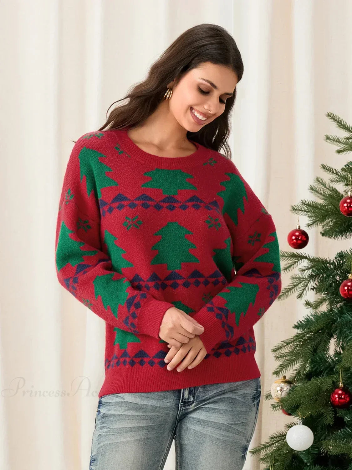 Classic Red Christmas Tree Print Loose Long Sleeve Pullover Sweater Sweaters-L