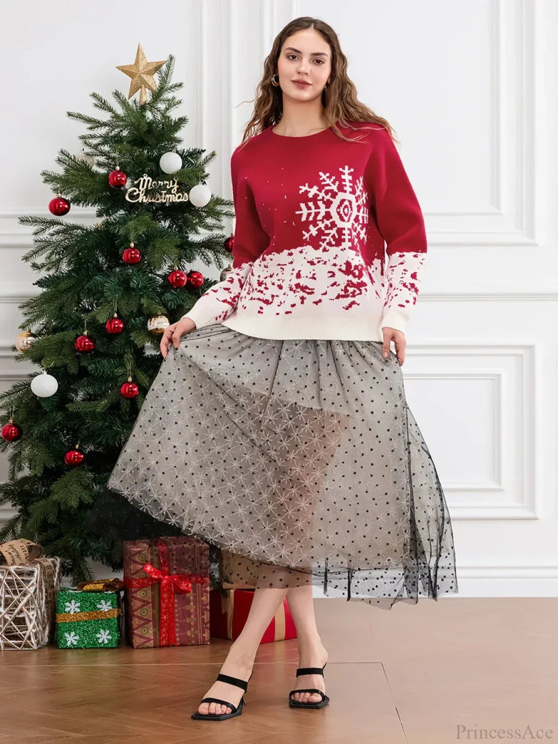 Classic Snowflake Christmas Tree Print Crew Neck Warm Pullover Sweater Sweaters-L