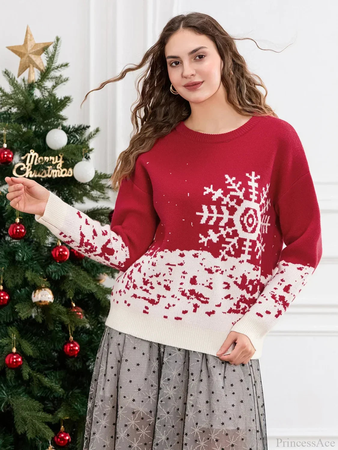 Classic Snowflake Christmas Tree Print Crew Neck Warm Pullover Sweater Sweaters-L
