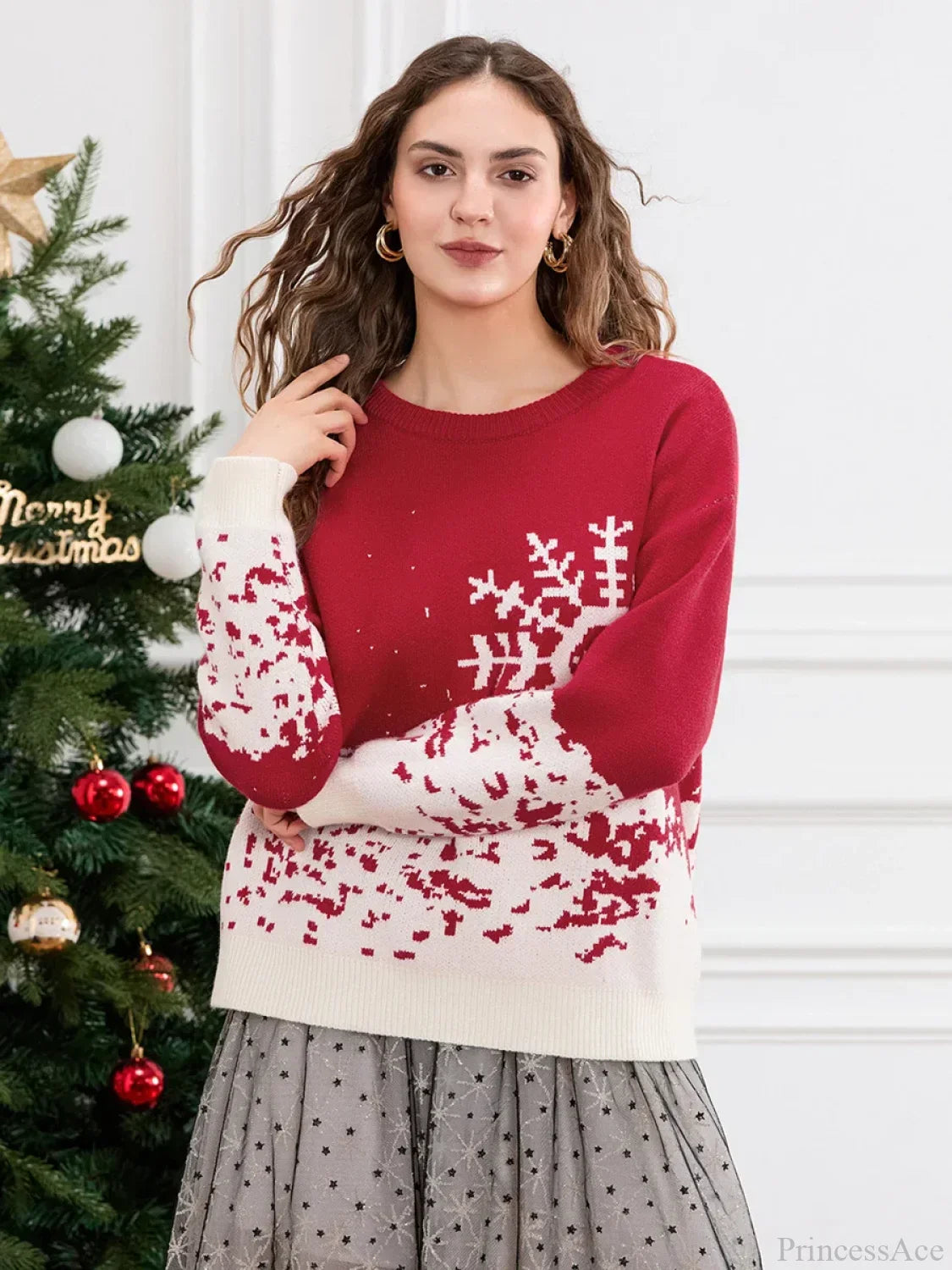 Classic Snowflake Christmas Tree Print Crew Neck Warm Pullover Sweater Sweaters-L