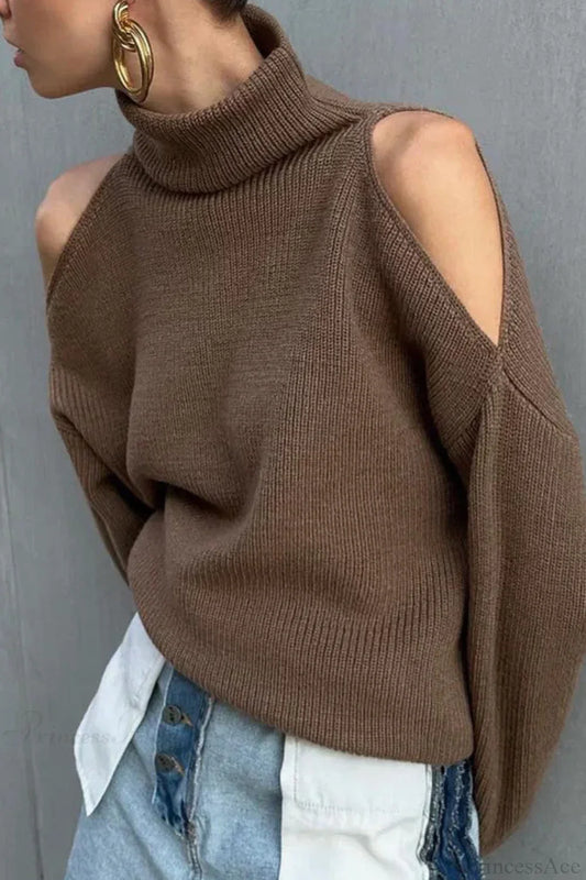 Cold Shoulder Turtleneck Loose Drape Knit Sweater