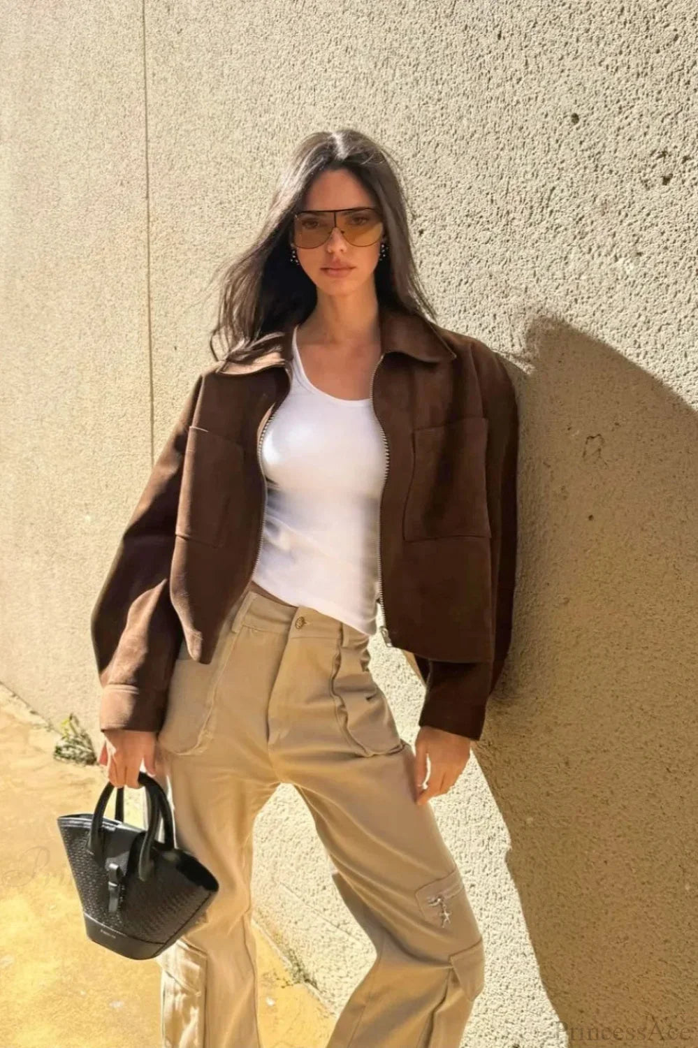 Collared Zipper Faux Suede Jacket