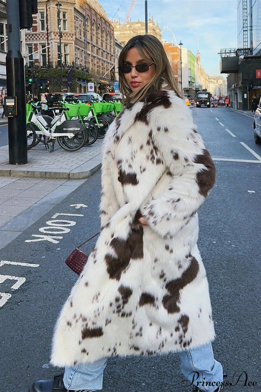 Color Block Animal Print Faux Fur Long Overcoat