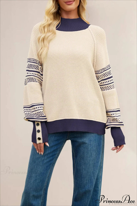 Color-Block Mock Neck Fashion Knit Sweater