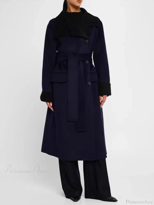 Color Lapel Slim Single-Breasted Overcoat Navy / S
