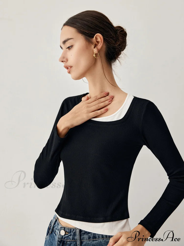 Colorblock Long Graceful Sleeve Crop Shirt T-Shirts
