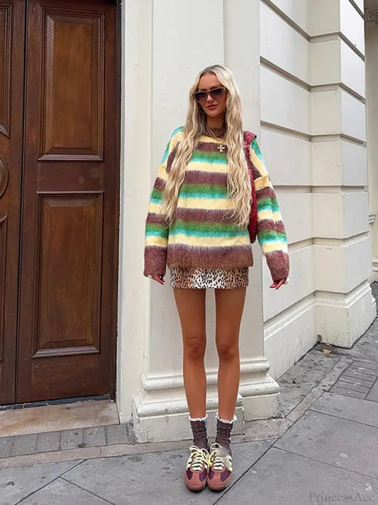 Colorful Striped High Neck Sweater green / S