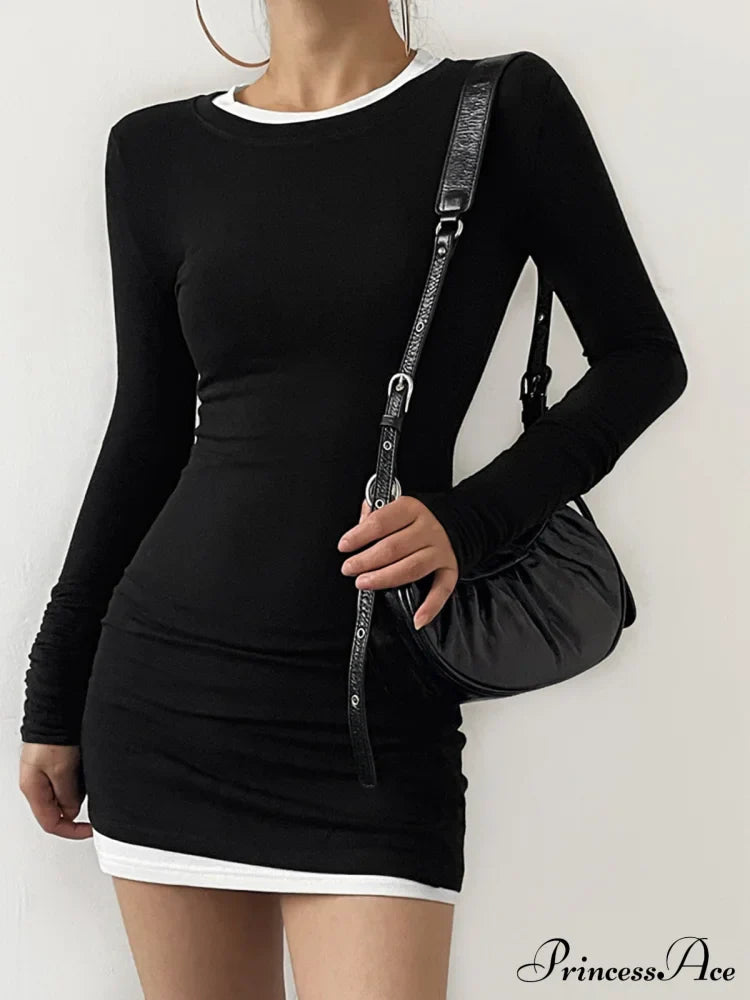 Contrast Binding Bodycon Long Modern Sleeve Knit Mini Dress Black / Xs Dresses