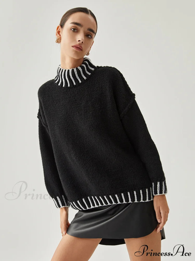 Contrast Stitch Graceful Mock Neck Sweater Sweaters-L