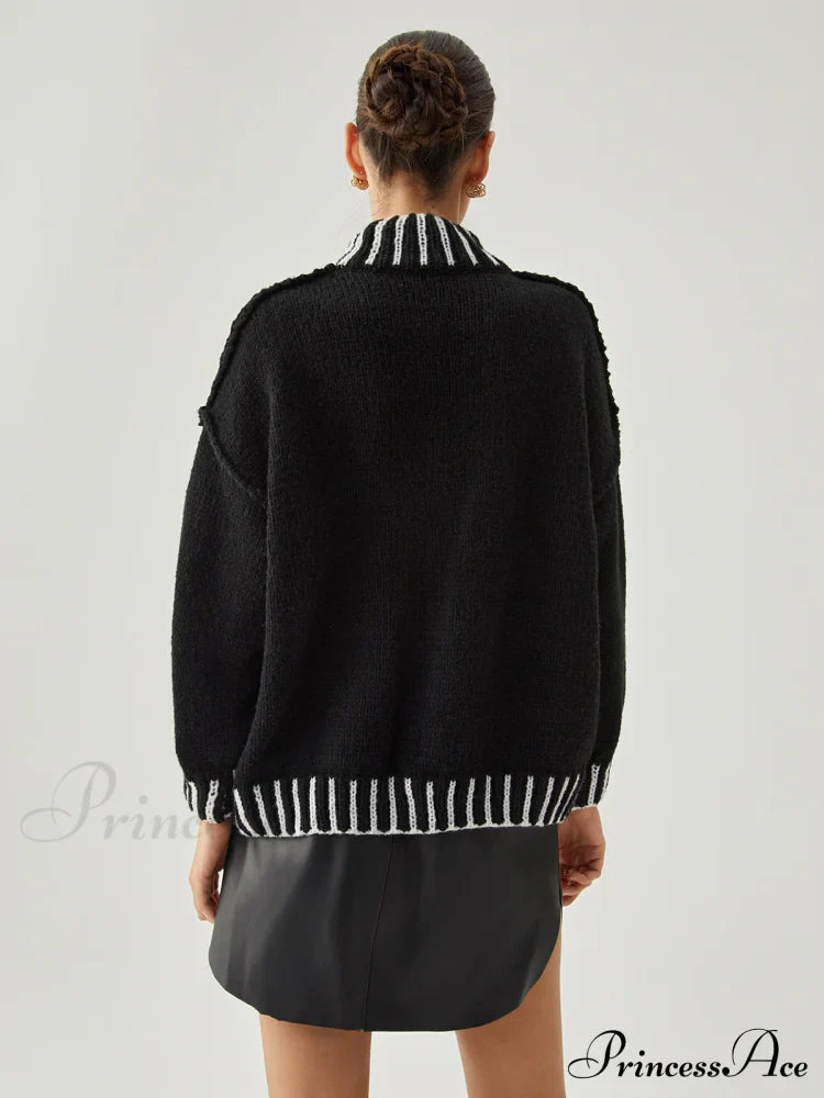 Contrast Stitch Graceful Mock Neck Sweater Sweaters-L