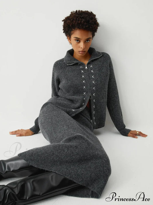 Contrast Stitches Two Way Zip Classic Long Sleeve Piece Skirt Set Grey / S Sweaters-L