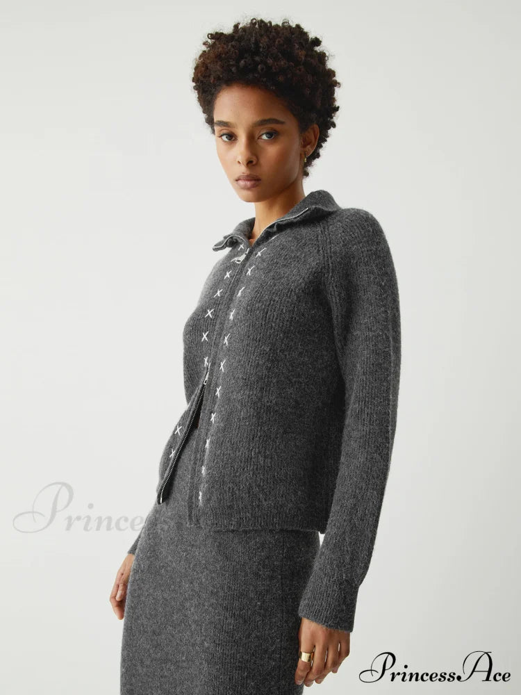 Contrast Stitches Two Way Zip Classic Long Sleeve Piece Skirt Set Sweaters-L