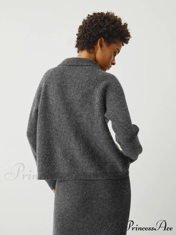 Contrast Stitches Two Way Zip Classic Long Sleeve Piece Skirt Set Sweaters-L