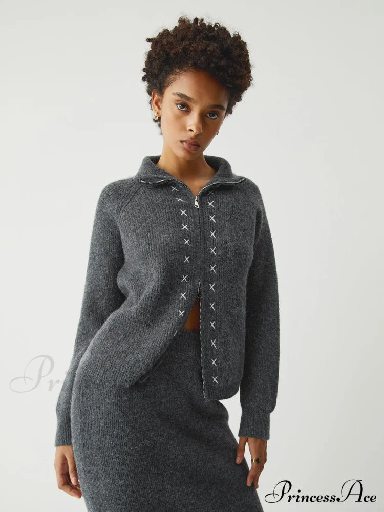 Contrast Stitches Two Way Zip Classic Long Sleeve Piece Skirt Set Sweaters-L