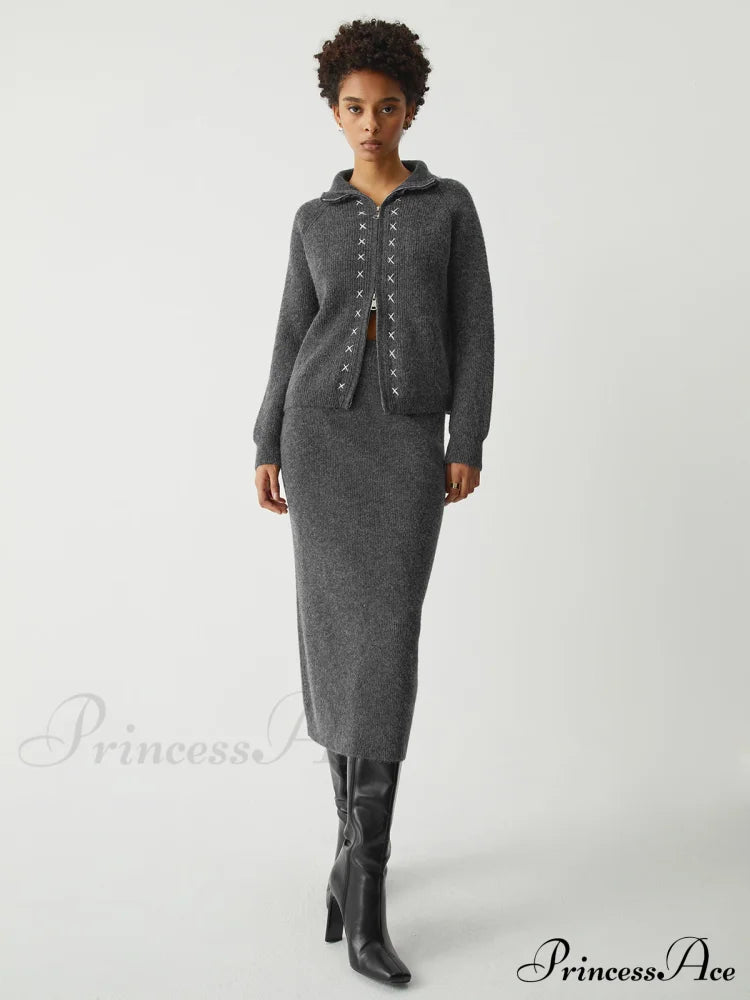 Contrast Stitches Two Way Zip Classic Long Sleeve Piece Skirt Set Sweaters-L