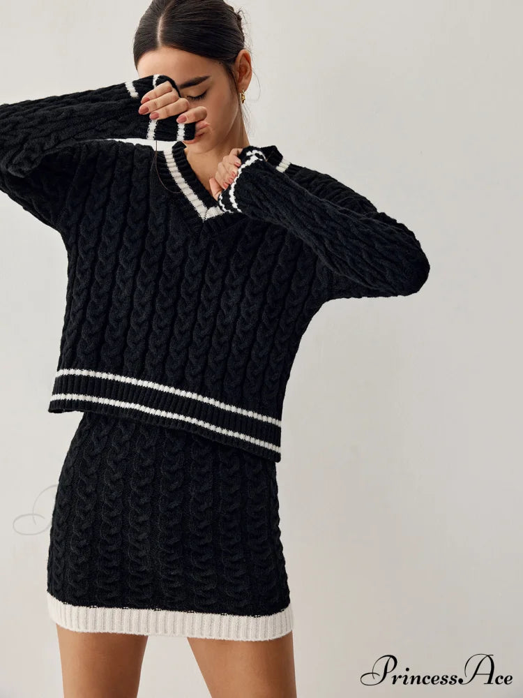 Contrast Trim Cable Knit Modern Sweater With Matching Skirt Black / Xs Sweaters-L