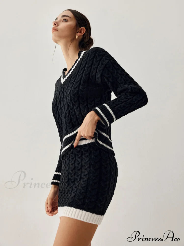 Contrast Trim Cable Knit Modern Sweater With Matching Skirt Sweaters-L