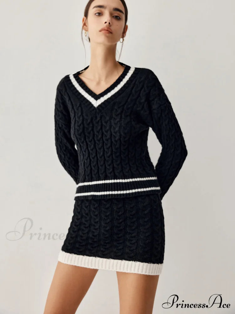 Contrast Trim Cable Knit Modern Sweater With Matching Skirt Sweaters-L