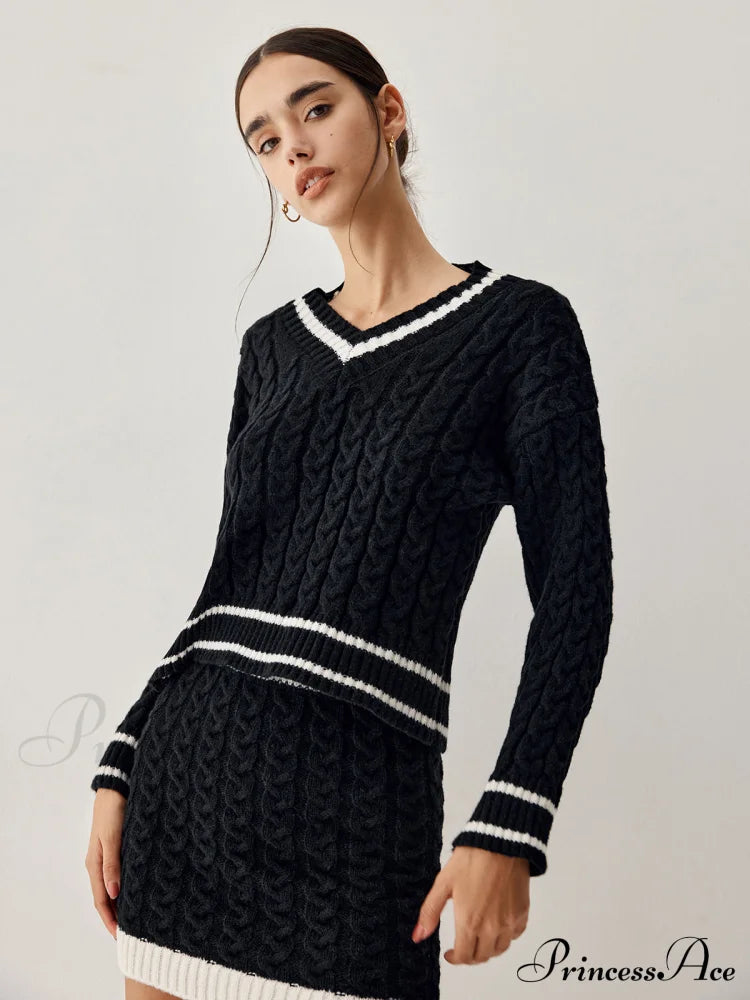 Contrast Trim Cable Knit Modern Sweater With Matching Skirt Sweaters-L