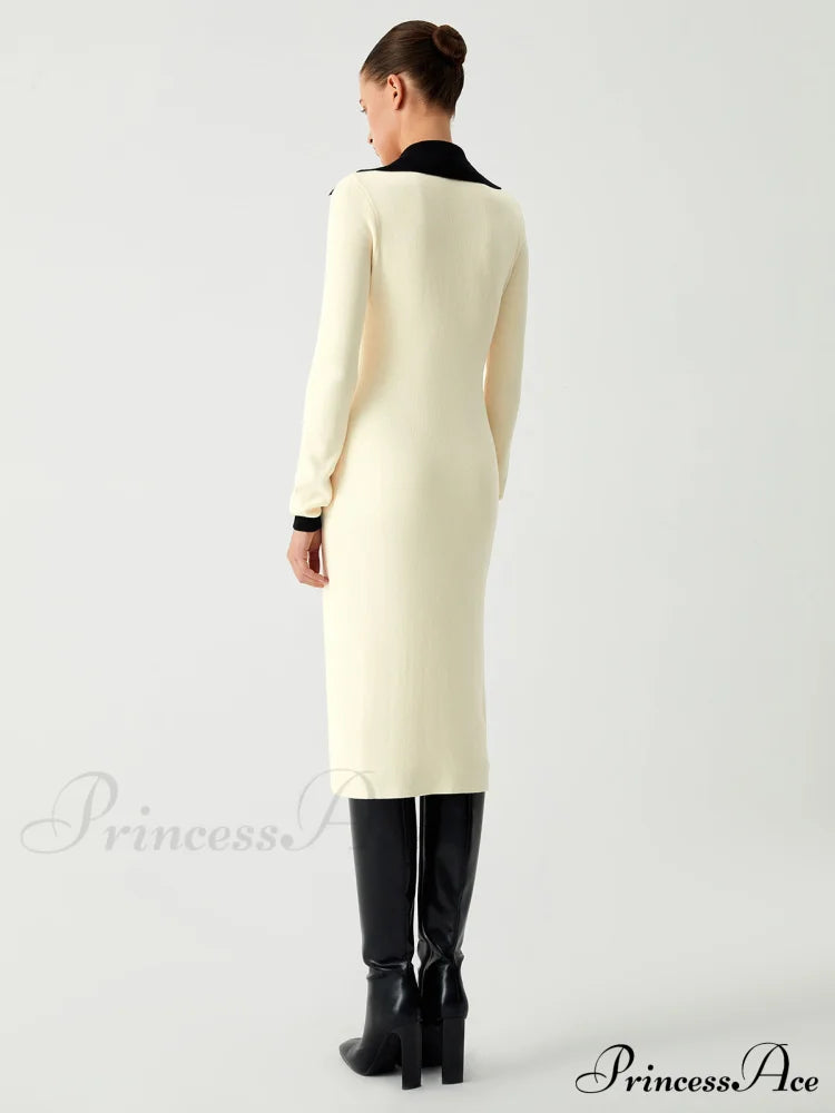 Contrast Trim Collared Trendy Long Sleeve Knit Dress Dresses
