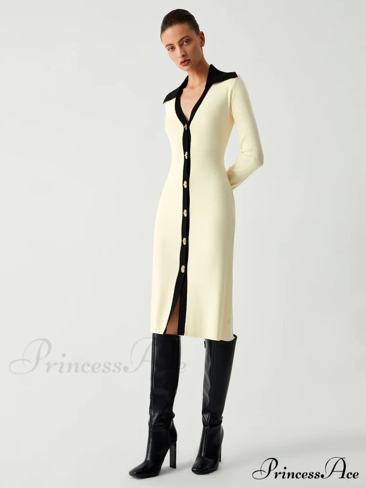 Contrast Trim Collared Trendy Long Sleeve Knit Dress Dresses