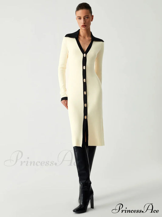 Contrast Trim Collared Trendy Long Sleeve Knit Dress Off-White / S Dresses